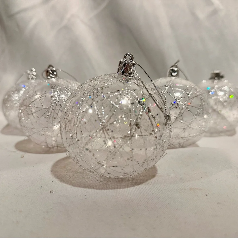 Vintage Silver Iridescent Glitter Shatterproof Holiday Ornaments- Set of 6